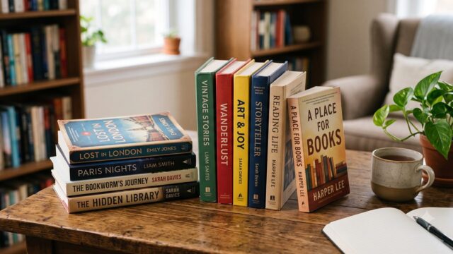 テーブルに積まれた洋書とコーヒーカップ
